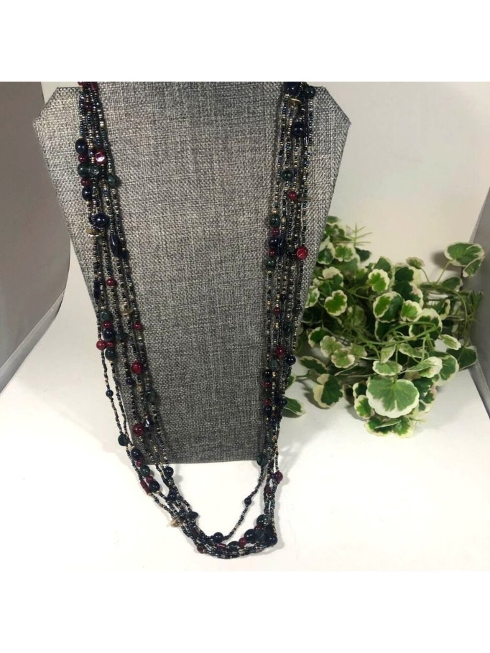 Five Strand Royal Colors Blue Green Maroon Gold Beaded 34 inch Necklace